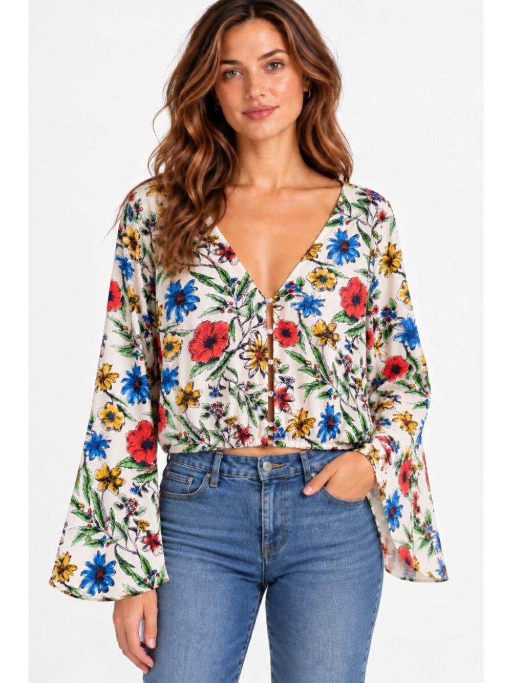 Free People Floral Blouse Medium Bell Sleeve Elastic Hem Boho Top coquette